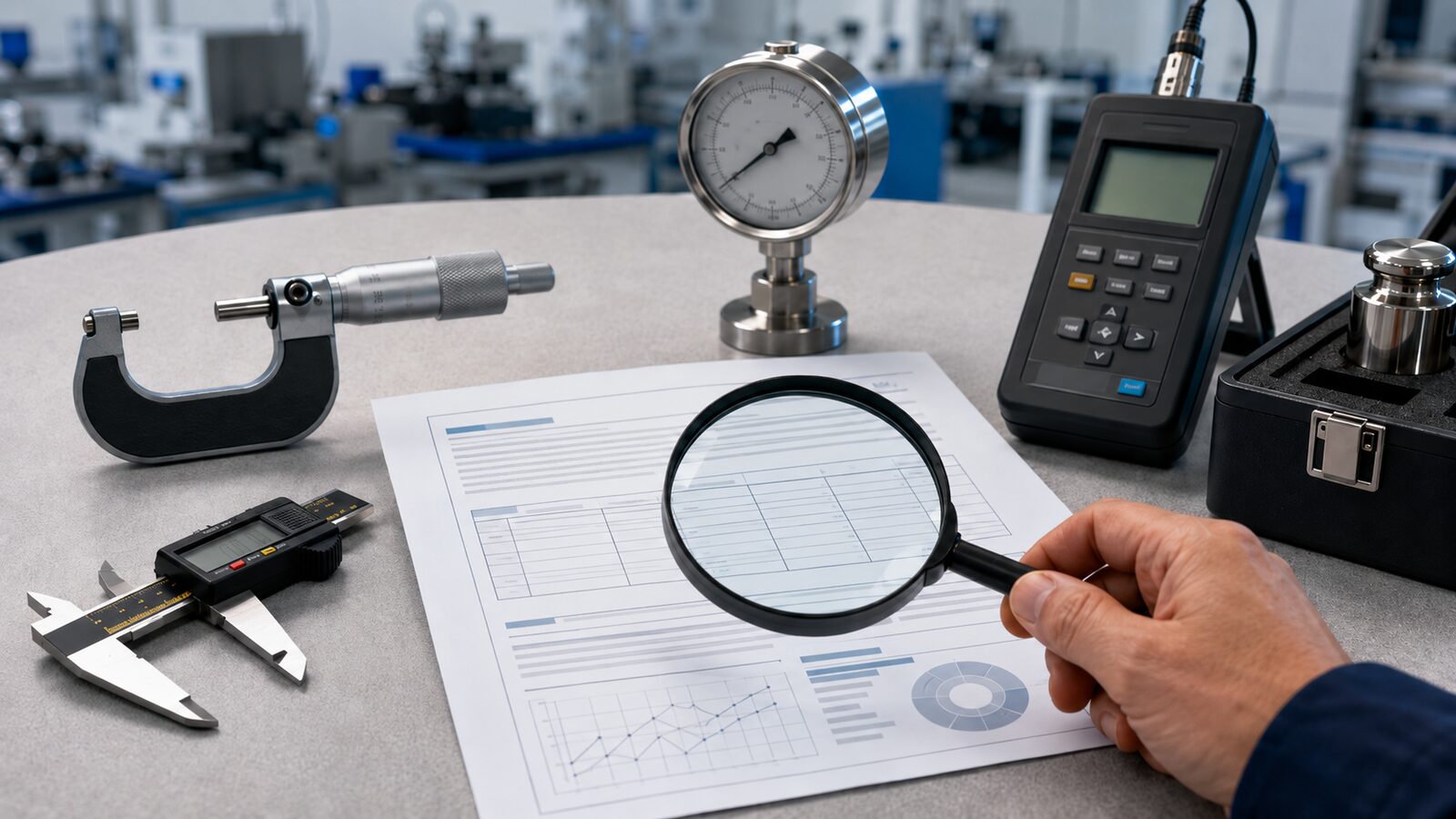 Certificado de calibración examinado con una lupa, junto a un micrómetro, un calibre digital, un manómetro patrón y pesas de referencia en un laboratorio de metrología