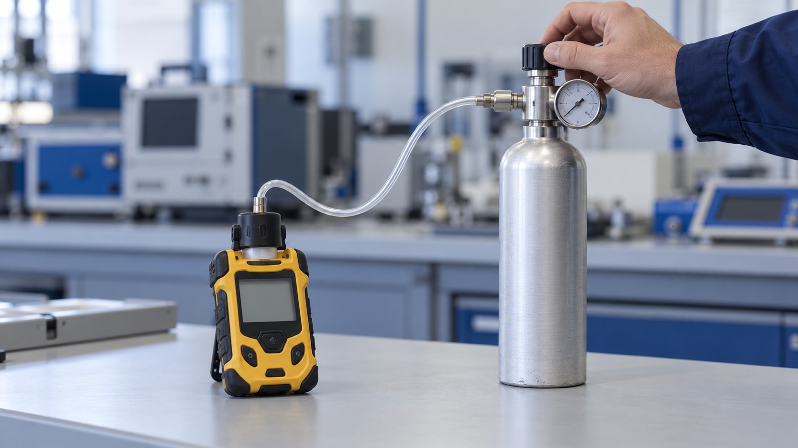 Explosímetro portátil conectado a un cilindro de gas patrón con regulador durante su calibración en laboratorio